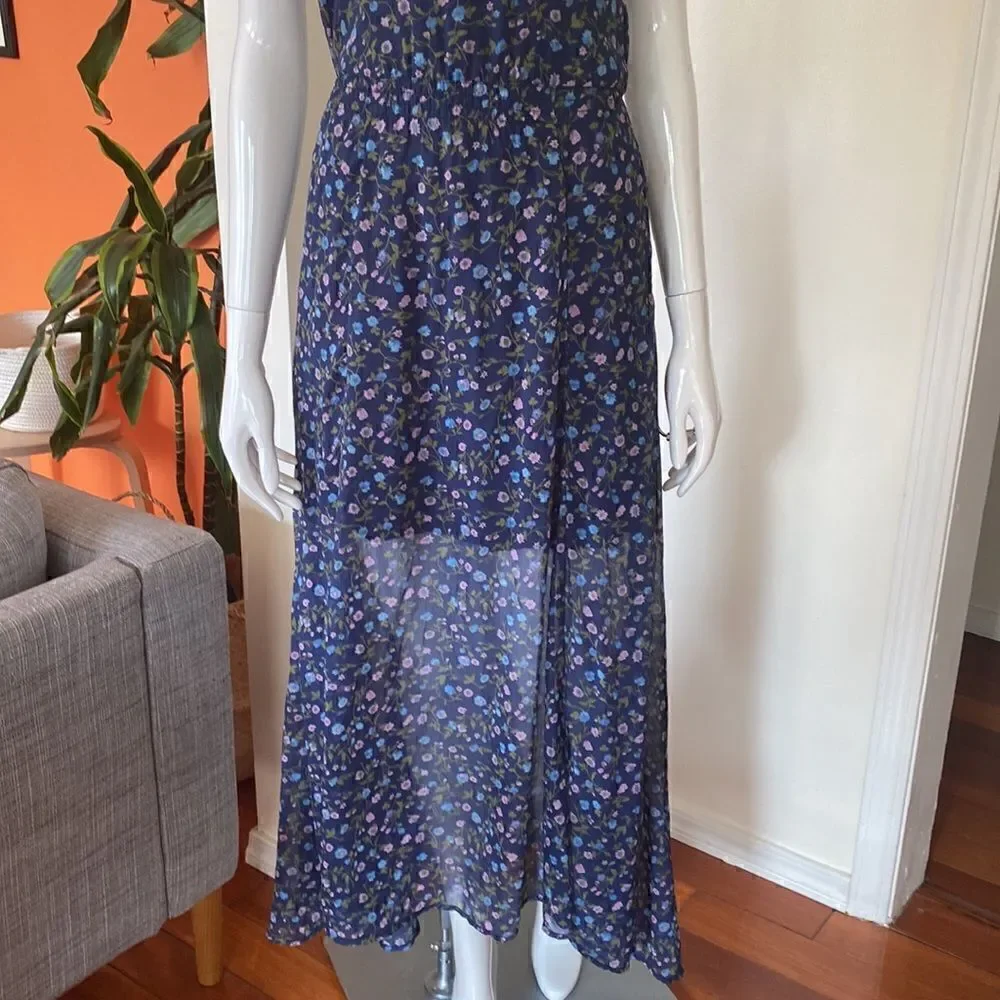 Abercrombie & Fitch Navy Halter Chiffon Floral High Low Hem Maxi Dress Size XS
